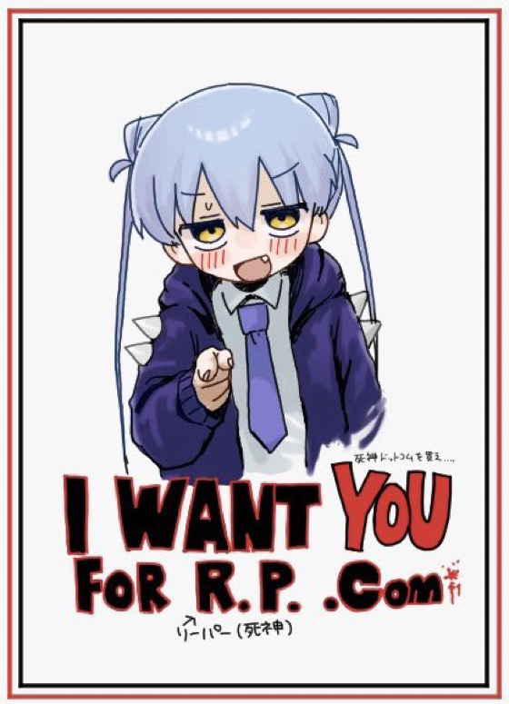 1girl blue_hair blush border commentary_request cone_hair_bun cropped_torso death_merumeru dovepopon embarrassed english_text fang fine_art_parody hair_bun hood hood_down hoodie i_want_you long_hair long_sleeves looking_at_viewer necktie open_clothes open_hoodie open_mouth parody pointing pointing_at_viewer propaganda purple_hoodie purple_necktie shinigami_dot_com shoulder_spikes simple_background smile solo spikes sweatdrop translation_request v-shaped_eyebrows white_background yellow_eyes