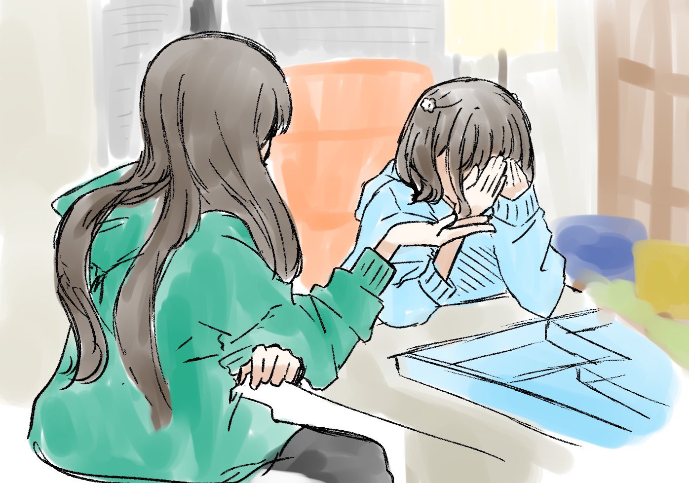 2girls black_hair black_pants blue_hoodie commentary_request facing_another green_hoodie hanamiya_nina hand_up hands_on_own_face hood hood_down hoodie link!_like!_love_live! long_hair long_sleeves love_live! multiple_girls pants puripuri_hurai sakurai_hina seeno_de!_hasu_no_sora! short_hair sketch_background
