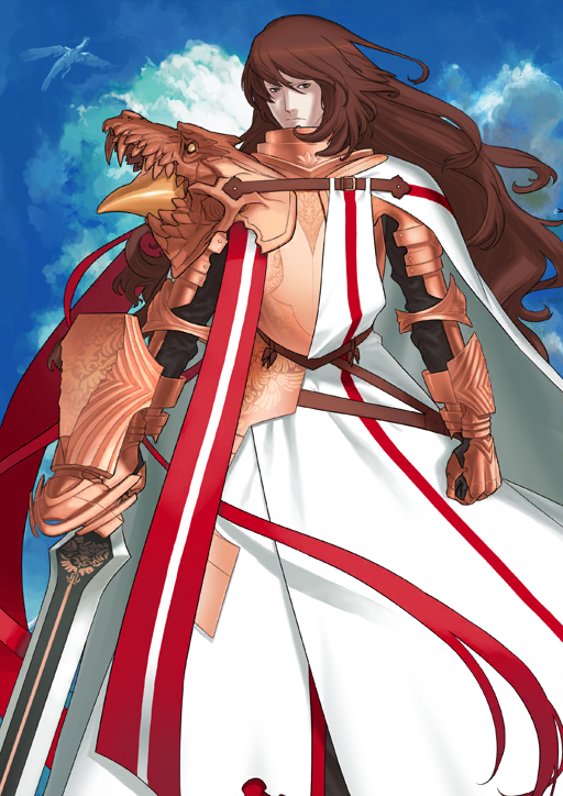 1boy armor arms_at_sides ascalon_(fate) blue_background blue_sky breastplate brown_eyes brown_hair cape chuuou_higashiguchi closed_mouth cloud dragon fate/grand_order fate_(series) faulds feet_out_of_frame gauntlets georgios_(fate) gorget holding holding_sword holding_weapon long_hair looking_at_viewer male_focus official_art orange_armor robe sky solo standing sword third-party_source weapon white_cape white_robe