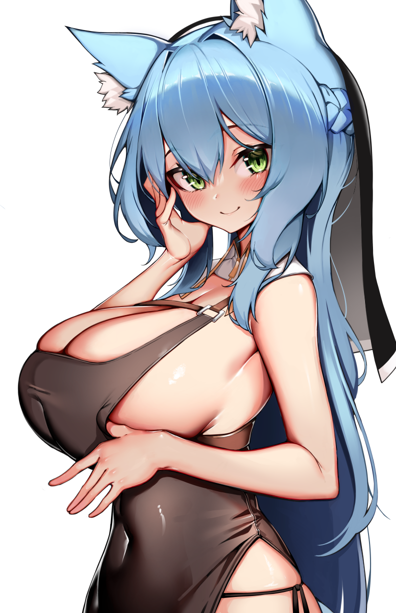 1girl animal_ear_fluff animal_ears bare_shoulders black_dress blush borrowed_character breasts chest_strap covered_navel dress fox_ears fox_girl green_eyes habit highres huge_breasts kaptivate long_hair looking_at_viewer nun original revealing_clothes side_slit sister_reine_(foxyreine) smile solo very_long_hair white_background