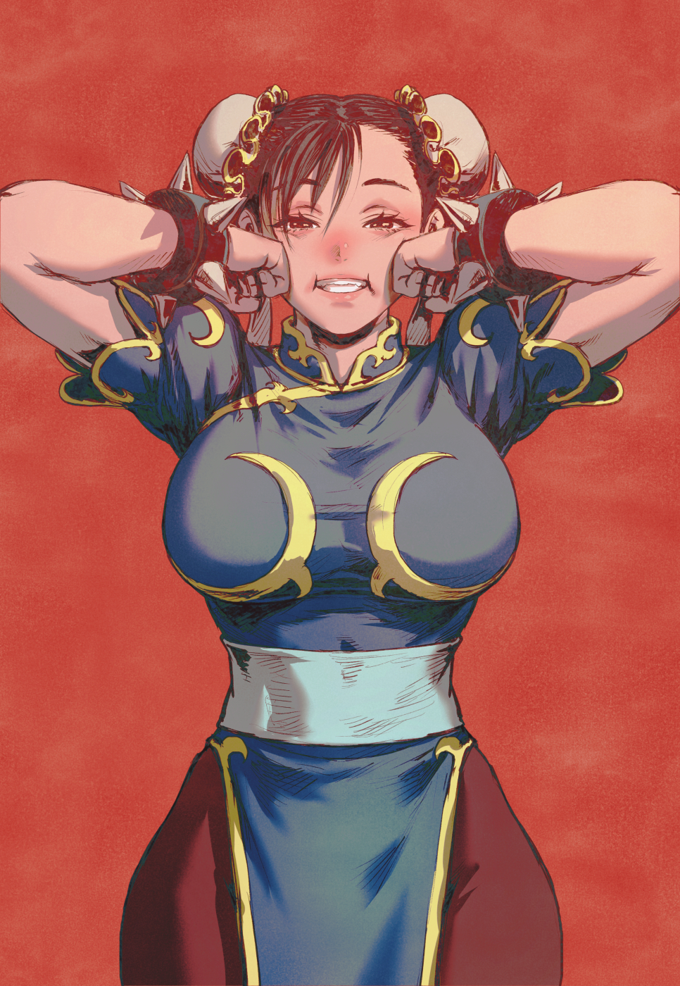 1girl bracelet breasts brown_eyes brown_hair bun_cover capcom china_dress chinese_clothes chun-li commentary double_bun dress fujii_eishun hair_bun highres jewelry pelvic_curtain red_background smile solo spiked_bracelet spikes squeezing_cheeks street_fighter yellow_trim