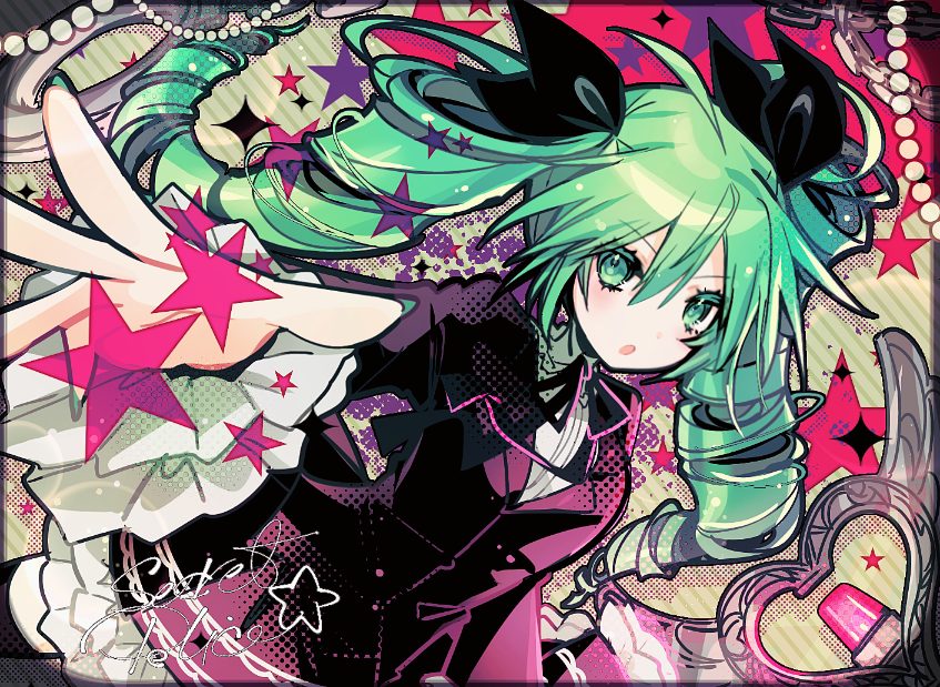 1girl :o ahoge anzu_(anzuhan) black_jacket black_skirt colored_eyelashes drill_hair gem green_eyes green_hair hatsune_miku hatsune_miku_(dark_angel) himitsu_keisatsu_(vocaloid) jacket long_hair looking_at_viewer pearl_(gemstone) project_diva_(series) project_diva_f shirt skirt solo song_name twin_drills vocaloid white_shirt