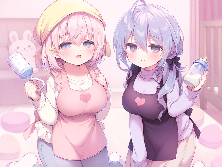 2girls :d apron baby_bottle black_apron black_bow blue_pants blue_sweater blush bottle bow breasts brown_skirt closed_mouth collarbone commentary_request couch denim hair_between_eyes hair_bow half-closed_eyes holding holding_bottle indoors jeans kneeling knees_together_feet_apart large_breasts long_hair long_sleeves low_twintails multiple_girls no_shoes open_mouth original pants pink_apron pink_hair pleated_skirt puffy_long_sleeves puffy_sleeves purple_eyes purple_hair rattle skirt smile socks stuffed_animal stuffed_rabbit stuffed_toy sweater turtleneck turtleneck_sweater twintails usashiro_mani very_long_hair white_socks white_sweater