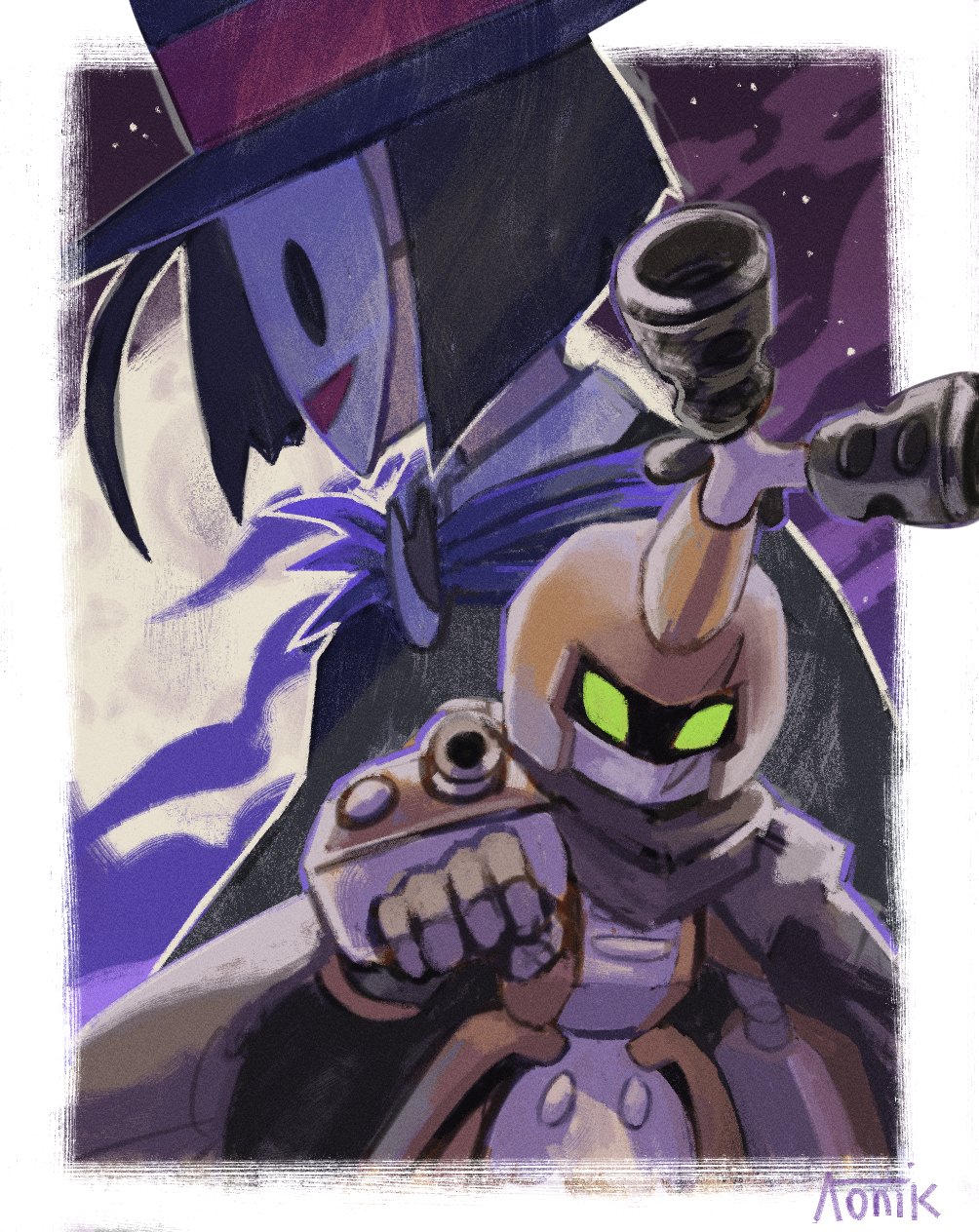 2boys aiming aonik arm_cannon black_hair black_hat brown_cape cape green_eyes hat highres humanoid_robot kaitou_retort male_focus mask medarot medium_hair metabee multiple_boys robot top_hat weapon