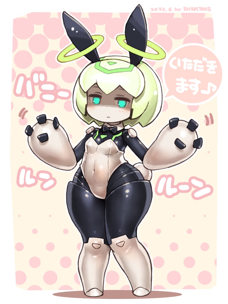 1girl animal_ears blue_eyes bow bowtie breasts detached_collar green_hair halo leotard multiple_halos navel pink_background playboy_bunny puniru_wa_kawaii_slime rabbit_ears rabbit_tail robot runruun_(puniru_wa_kawaii_slime) shigatake short_hair small_breasts tail thick_thighs thighs