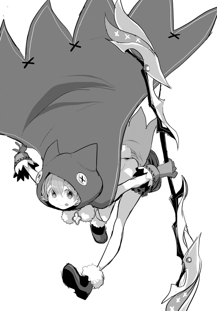 1girl :p aino_mito animal_hood bow_(weapon) cape dynamic_pose floating_clothes full_body fur-trimmed_shoes gloves greyscale holding holding_bow_(weapon) holding_weapon hood hood_up hooded_cape ken_(koala) leaning_forward looking_at_viewer magia_record:_mahou_shoujo_madoka_magica_gaiden magical_girl mahou_shoujo_madoka_magica monochrome running short_hair simple_background smile solo tongue tongue_out weapon white_background
