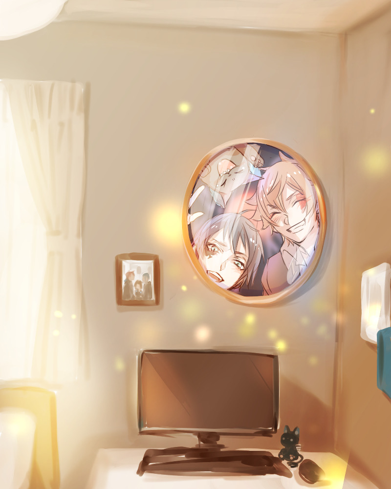 2boys ace_trappola aqua_eyes bedroom brown_hair character_doll computer creature deuce_spade doll grim_(twisted_wonderland) grin indoors light_particles looking_at_viewer male_focus mirror multiple_boys orange_hair short_hair smile sunlight twisted_wonderland window yuu_(twisted_wonderland) yuuki_(yukko7474)