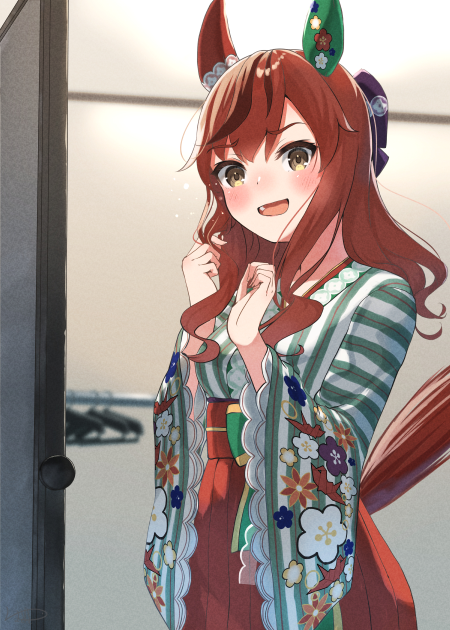 1girl animal_ears blurry blurry_background blush breasts clothes_hanger cowboy_shot door ear_covers floral_print floral_print_kimono green_kimono hands_up highres horse_ears horse_girl horse_tail indoors japanese_clothes kimono long_hair looking_at_viewer makiyuki multicolored_hair nice_nature_(converging_wishes)_(umamusume) nice_nature_(umamusume) obi official_alternate_costume official_alternate_hairstyle open_mouth print_kimono red_hair red_kimono red_sash sash sidelocks single_ear_cover small_breasts solo standing streaked_hair striped_clothes striped_kimono tail tail_raised two-tone_kimono umamusume yellow_eyes