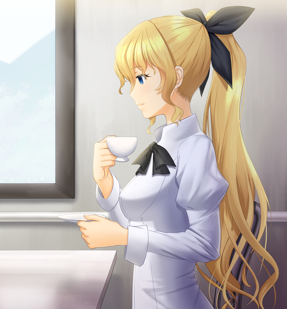 1girl black_bow blonde_hair blue_eyes bow breasts chair closed_mouth collared_shirt commentary cup folding_chair hair_bow holding holding_cup holding_plate indoors juliet_sleeves katawa_shoujo kuroyume_suna long_hair long_sleeves medium_breasts neckerchief plate ponytail profile puffy_sleeves satou_lilly shadow shirt sidelocks sitting solo table very_long_hair white_shirt window