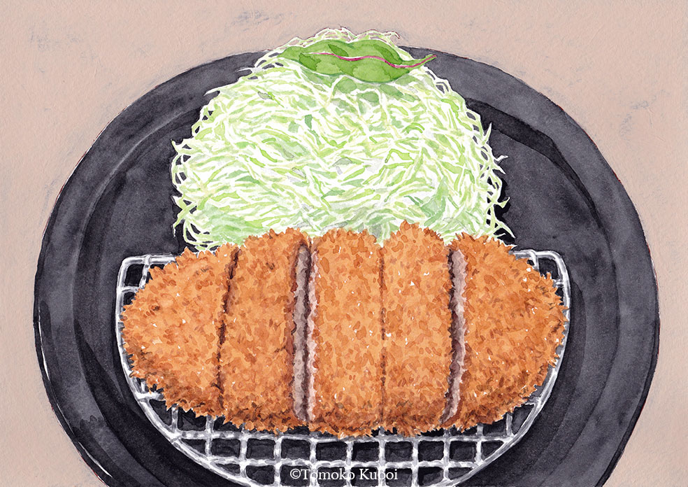 cabbage food food_focus katsu_(food) kuboitomoko meat no_humans original plate simple_background still_life tan_background traditional_media