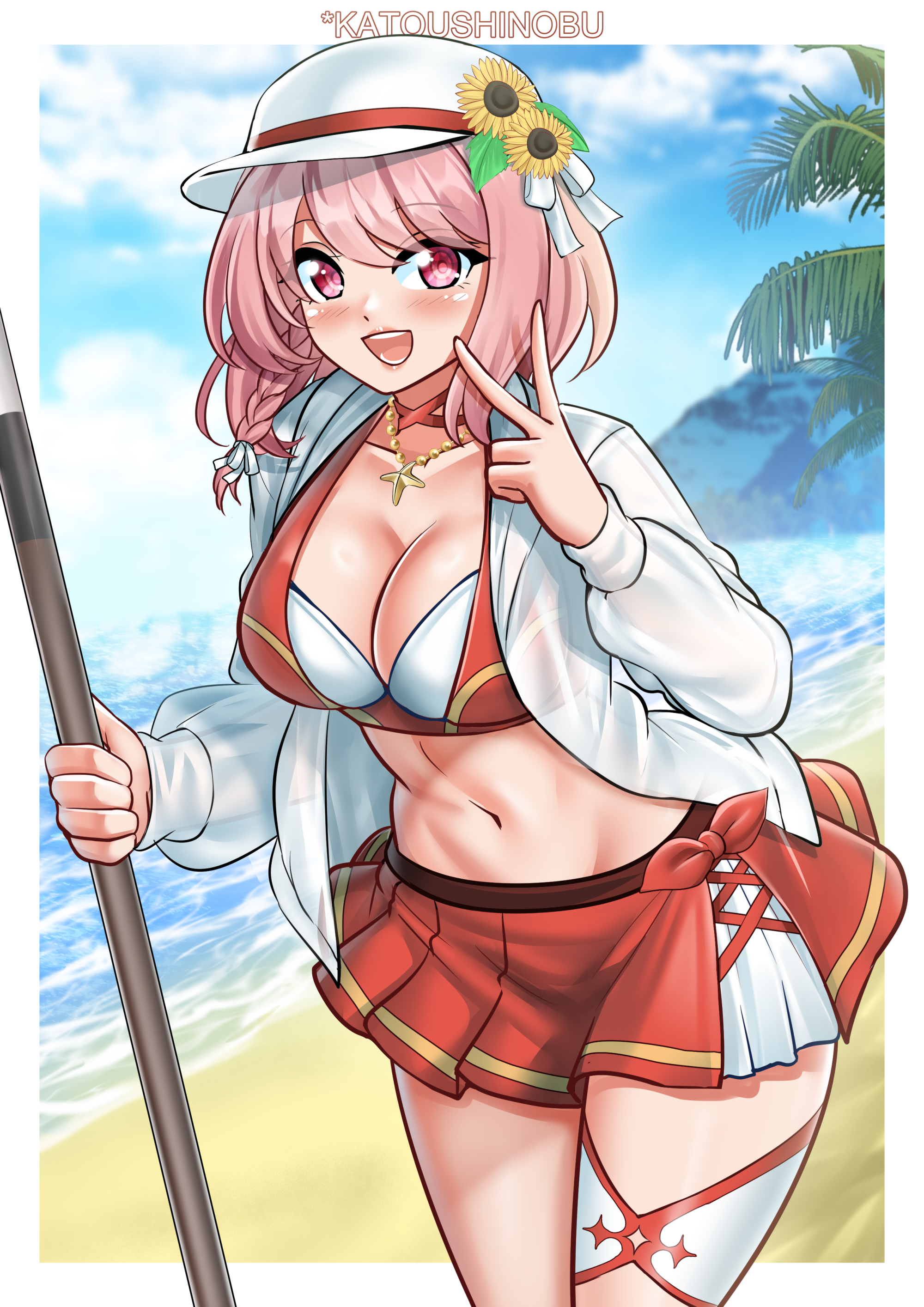 1girl absurdres beach bikini breasts cleavage fire_emblem fire_emblem_engage fire_emblem_heroes flat_cap flower hat highres holding_harpoon jacket jewelry katou_shinobu lapis_(fire_emblem) lapis_(forager_of_the_sea)_(fire_emblem) large_breasts necklace nintendo official_alternate_costume open_mouth pink_eyes pink_hair red_bikini red_skirt see-through_clothes see-through_jacket skirt solo sunflower swimsuit two-tone_hat v white_hat white_jacket