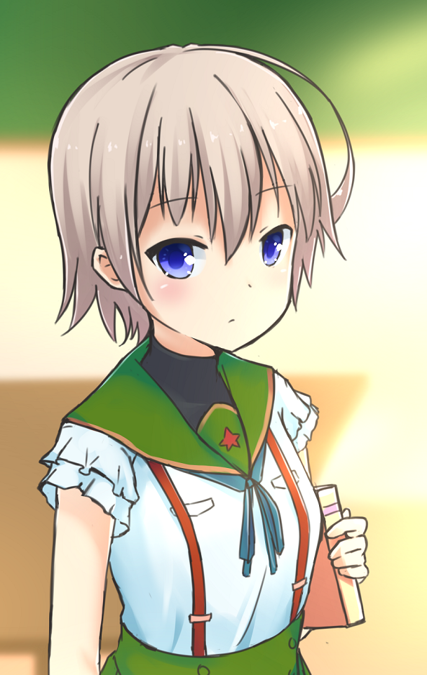 1girl 53c_(ray_cordova) blue_eyes blue_ribbon book female_focus gakkou_gurashi! green_skirt holding holding_book naoki_miki neck_ribbon ribbon school_uniform shirt short_hair short_sleeves silver_hair skirt solo standing star_(symbol) star_print suspender_skirt suspenders white_shirt