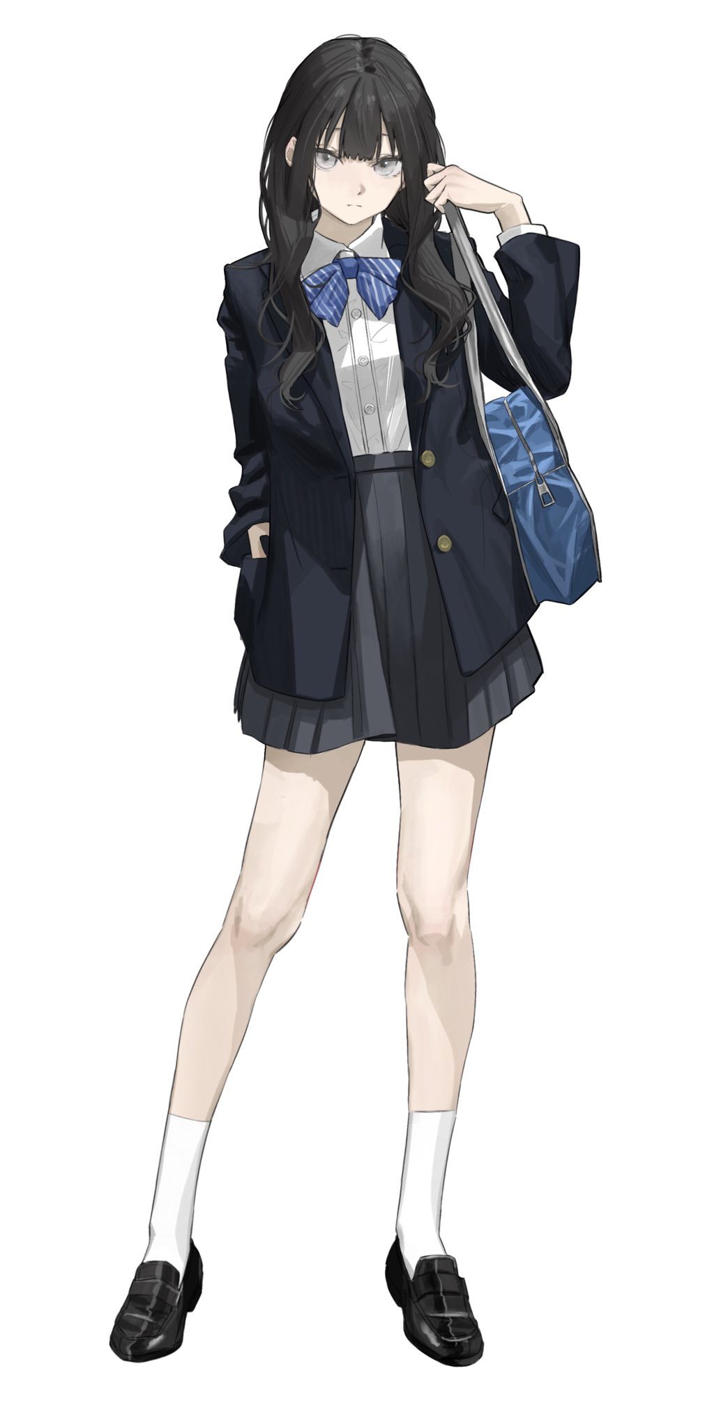 1girl bag black_hair black_jacket black_shoes black_skirt blazer blue_bow blue_bowtie bow bowtie cardigan closed_mouth collared_shirt full_body grey_eyes grey_skirt hand_in_pocket highres jacket kneehighs loafers long_hair long_sleeves looking_at_viewer mole mole_under_mouth open_clothes original pleated_skirt sawatani_(_swt2) school_bag school_uniform shirt shirt_tucked_in shoes simple_background skirt slip-on_shoes socks solo standing white_background white_shirt white_socks