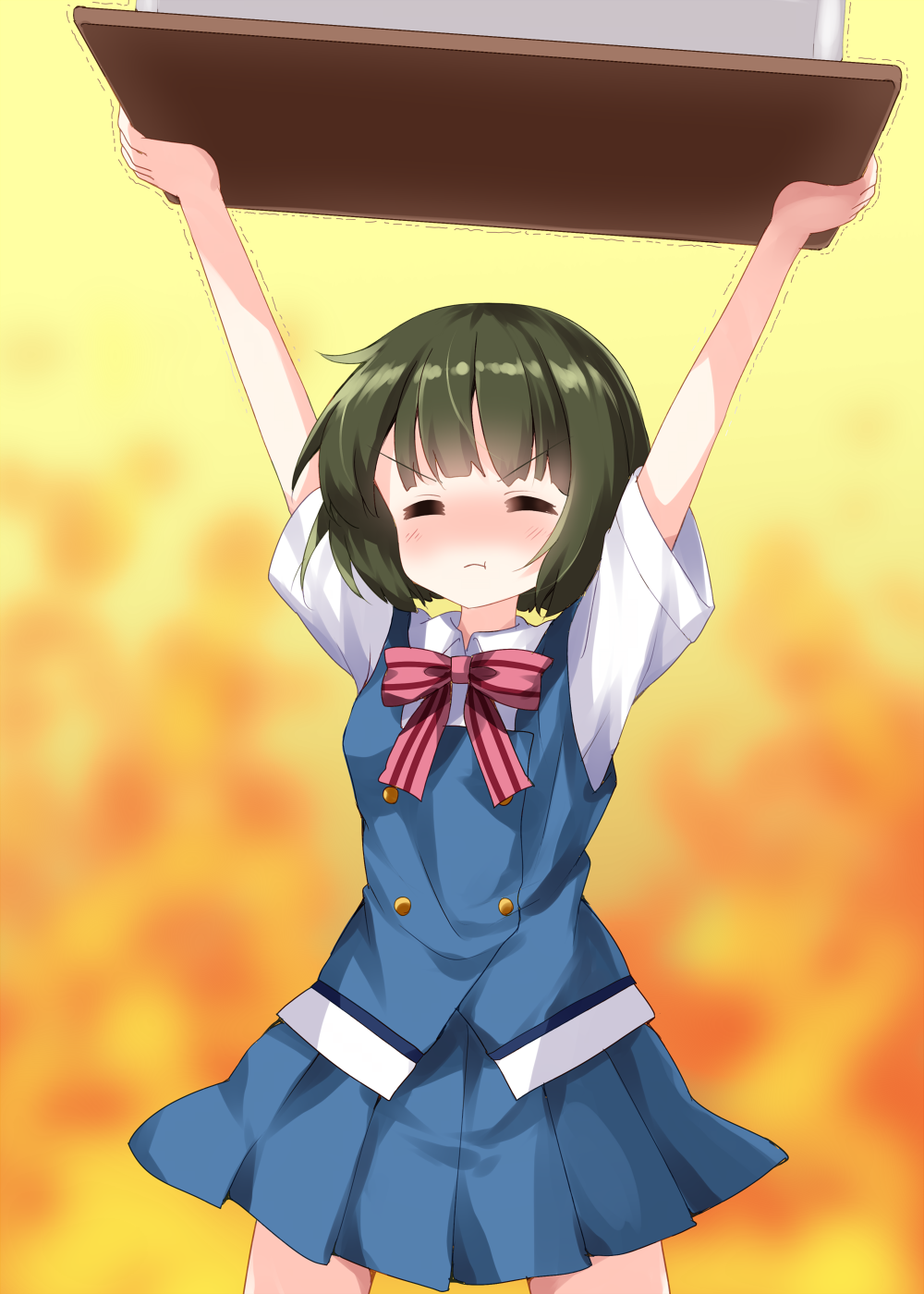 1girl arms_up blue_skirt blue_vest blunt_bangs blurry blurry_background blush bow bowtie closed_eyes closed_mouth collared_shirt commentary_request cowboy_shot facing_viewer green_hair highres holding holding_table kin-iro_mosaic oomiya_shinobu pleated_skirt red_bow red_bowtie ruu_(tksymkw) shirt short_hair short_sleeves skirt solo striped_bow table trembling v-shaped_eyebrows vest white_shirt yellow_background