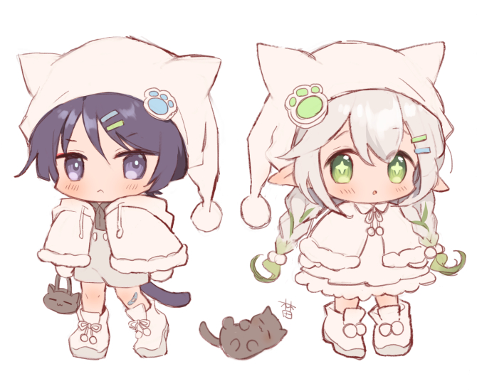 1boy 1girl :&lt; alternate_costume alternate_hairstyle animal_ear_headwear arms_at_sides bag bandaid bandaid_on_knee bandaid_on_leg black_cat black_hair blunt_ends blush braid bright_pupils capelet cat cat_boy cat_tail chibi closed_mouth colored_tips contemporary cross-shaped_pupils drawstring dress eyeliner eyeshadow fake_animal_ears frilled_dress frills fur-trimmed_capelet fur_trim genshin_impact green_eyes green_hair hair_between_eyes hair_bobbles hair_ornament hairclip handbag hat hayashidadesu holding holding_bag hood hooded_capelet knee_blush looking_at_viewer low_twin_braids makeup mittens multicolored_hair nahida_(genshin_impact) nightcap open_mouth paw_hair_ornament pointy_ears pom_pom_(clothes) purple_eyes red_eyeliner red_eyeshadow scaramouche_(genshin_impact) shoes standing streaked_hair symbol-shaped_pupils tail tareme twin_braids white_background white_capelet white_dress white_hair white_hat white_mittens white_pupils white_shoes winter_clothes wispy_bangs
