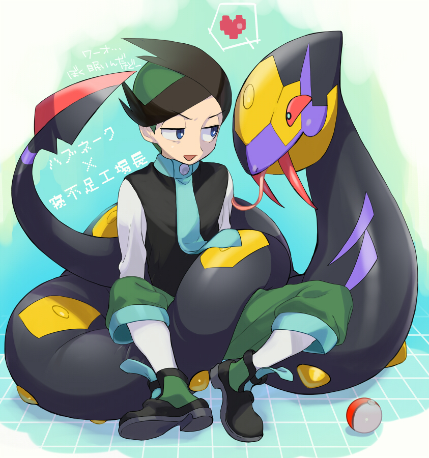 1boy black_footwear black_hair buttons capri_pants commentary_request green_hair green_necktie green_pants half-closed_eyes heart male_focus migi_(mm86262394) multicolored_hair necktie nintendo open_mouth pants poke_ball poke_ball_(basic) pokemon pokemon_(creature) pokemon_dppt pokemon_platinum shoes sitting smile thorton_(pokemon) translation_request two-tone_hair