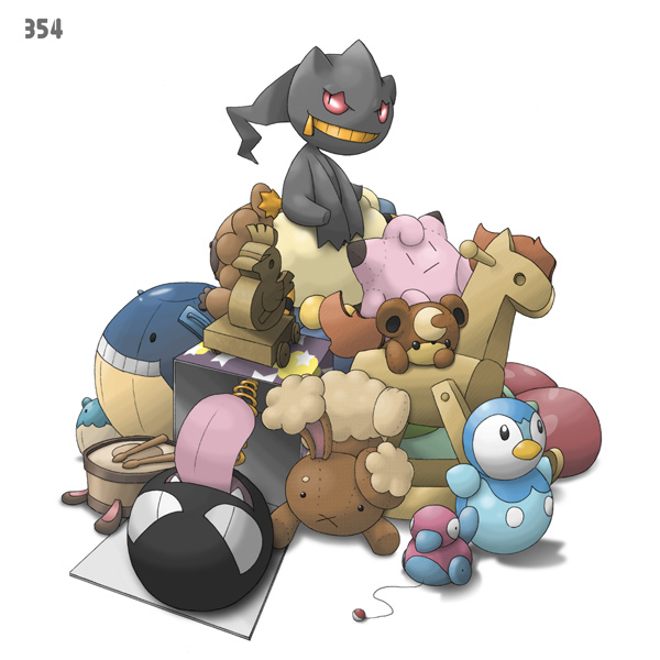 banette bidoof bulbasaur buneary clefairy farfetch&#039;d gastly gen_1_pokemon gen_2_pokemon gen_3_pokemon gen_4_pokemon jack_in_the_box_(restaurant) mareep nintendo no_humans piplup pokemon pokemon_(creature) ponyta porygon2 rocking_horse spheal teddiursa toy vileplume wailmer