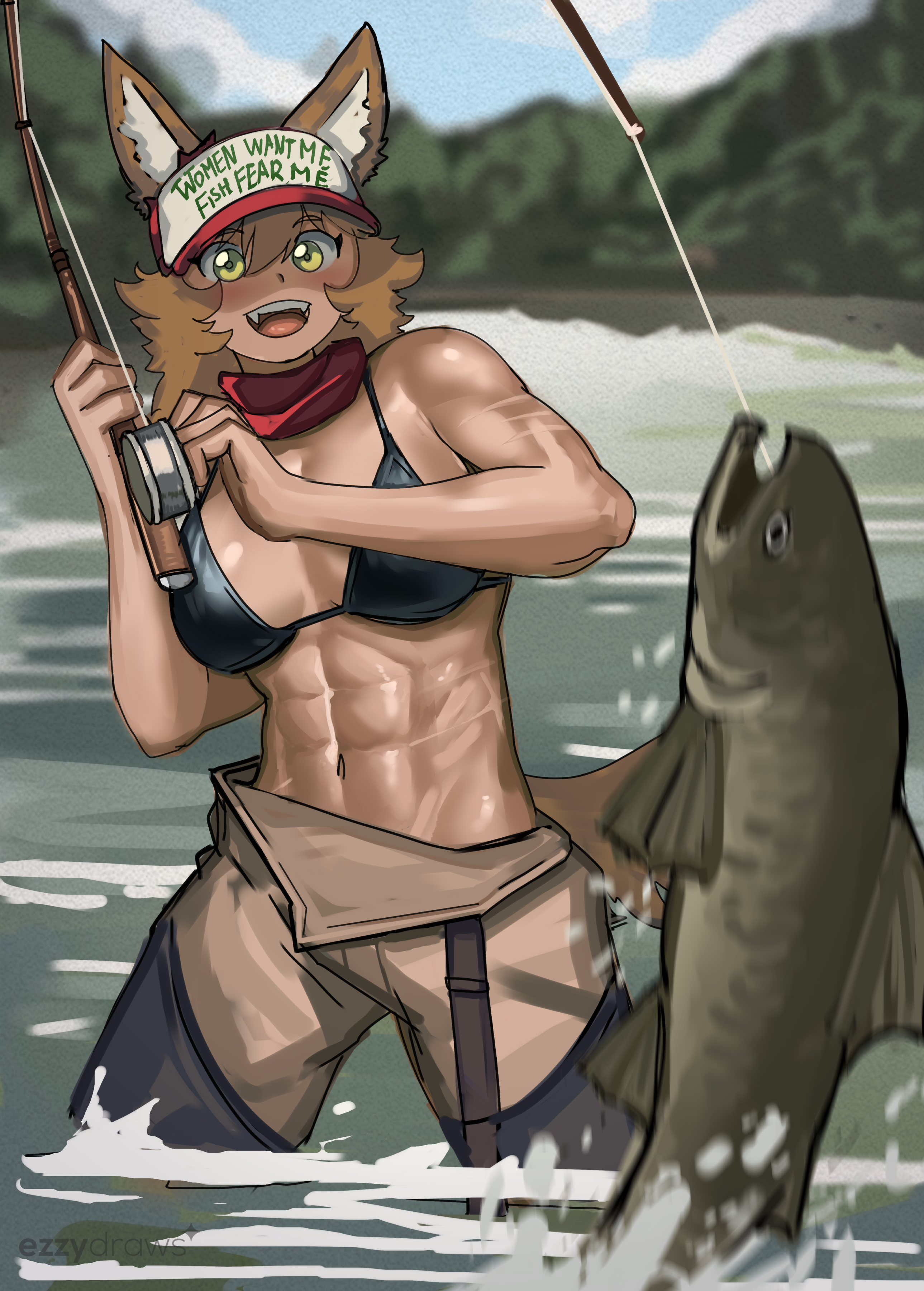 1girl abs absurdres animal_ears bikini brown_hair ezzydraws fangs fish fishing hat highres lake meme multiple_scars muscular muscular_female original salmon_(fish) scar solo swimsuit tail tan toned water women_want_me_fish_fear_me_(meme) yellow_eyes