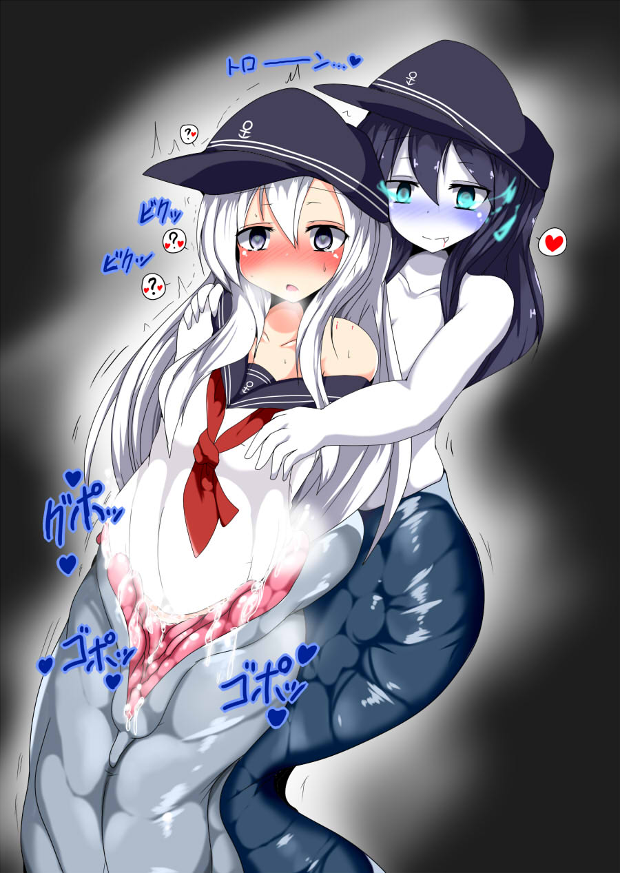 10s 2girls ? abyssal_ship akatsuki_(kancolle) anchor_symbol blue_eyes blush confused dark_persona fang flat_cap glowing glowing_eyes grey_eyes hair_between_eyes hat heart heart-shaped_pupils hibiki_(kancolle) highres kantai_collection lamia long_hair messy_hair monster_girl multiple_girls object_insertion open_mouth purple_hair pussy school_uniform serafuku smile spoken_heart spoken_question_mark symbol-shaped_pupils taku_(yakumodaisuki) unbirthing vore white_hair