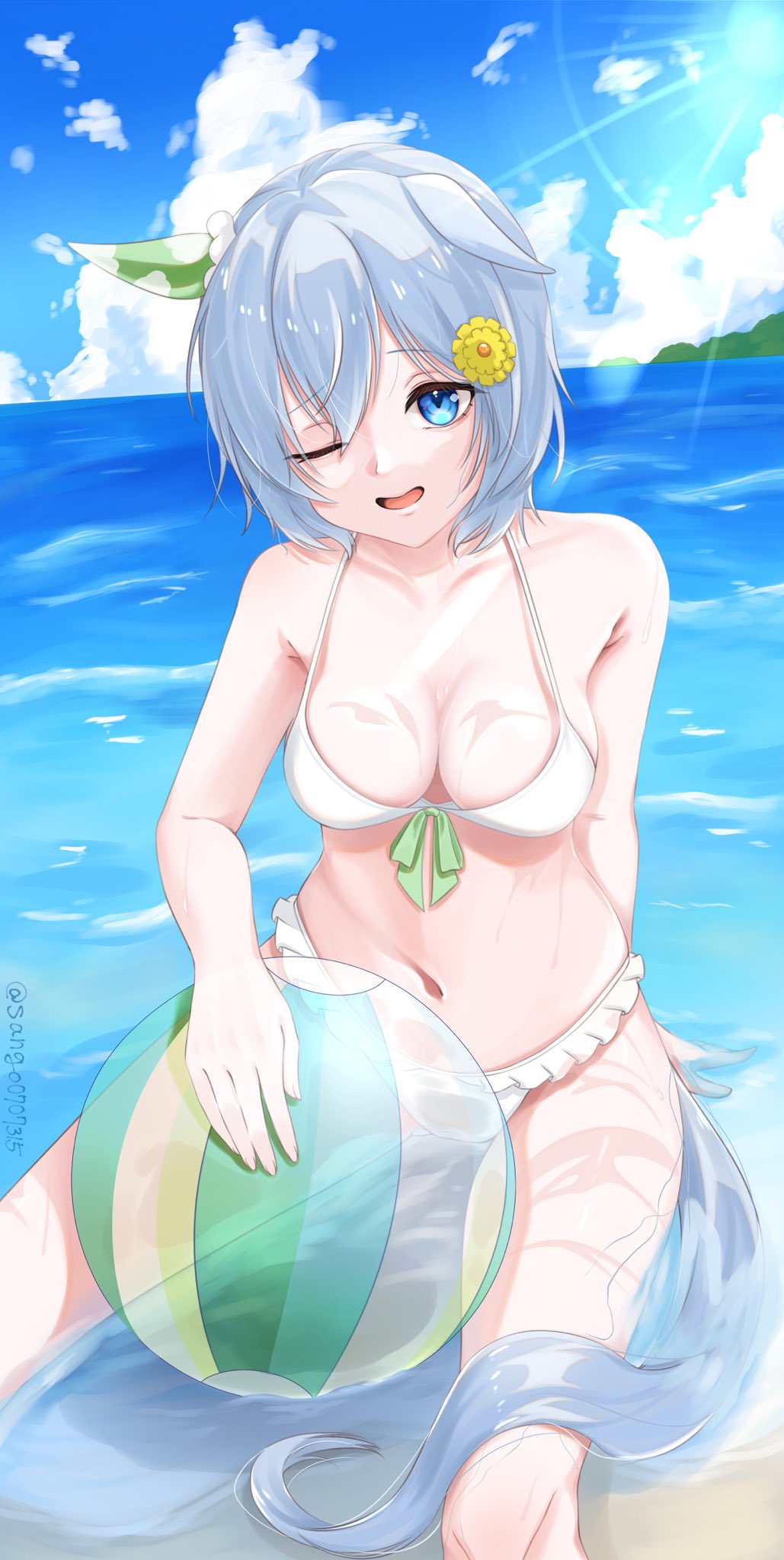 1girl animal_ears ball beachball bikini blue_eyes blue_sky cloud ear_covers ears_down flower grey_hair hair_flower hair_ornament highres horse_ears horse_girl horse_tail light_rays ocean sango0707315 seiun_sky_(umamusume) short_hair single_ear_cover sitting sky solo swimsuit tail umamusume wading white_bikini yellow_flower