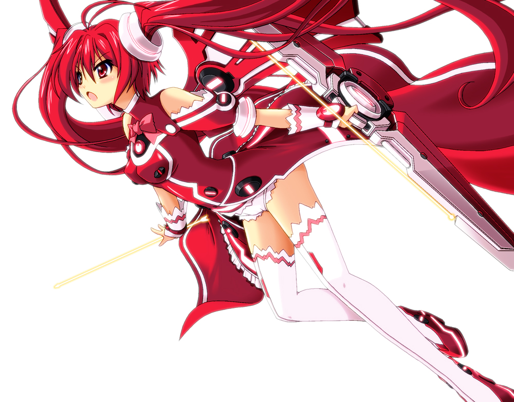 1girl bow_(weapon) chouzetsu_yarou female_focus long_hair red_eyes red_hair solo thighhighs twintails vividred vividred_operation weapon