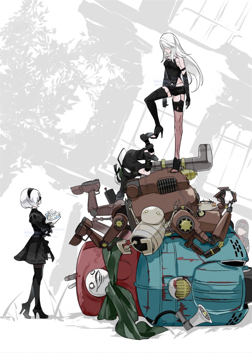 1boy 3girls blindfold bouquet dress elbow_gloves emil_(nier) faceless faceless_female falling flower gloves hairband high_heels holding holding_bouquet long_hair lunar_tear machine_(nier) megaphone multiple_girls nier:automata nier_(series) pascal_(nier:automata) red_girl_(nier) robot short_hair short_shorts shorts thighhighs to_te_na toeless_footwear white_hair 2b_(nier:automata) 9s_(nier:automata) a2_(nier:automata)