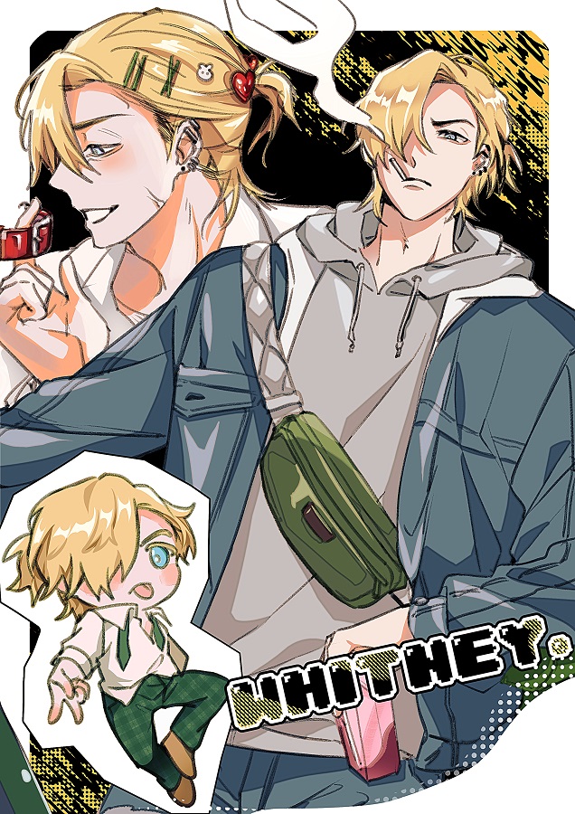 1boy blonde_hair blue_eyes blue_jacket character_name chibi chibi_inset collared_shirt degrees_of_lewdity earrings fanny_pack green_necktie green_pants grey_hoodie hair_ornament hair_over_one_eye hood hoodie jacket jewelry male_focus multiple_views necktie open_clothes open_jacket pants plaid_clothes plaid_pants shirt smoking tongue tongue_out undone_necktie utu310 white_shirt whitney_(degrees_of_lewdity) whitney_(male)_(degrees_of_lewdity)