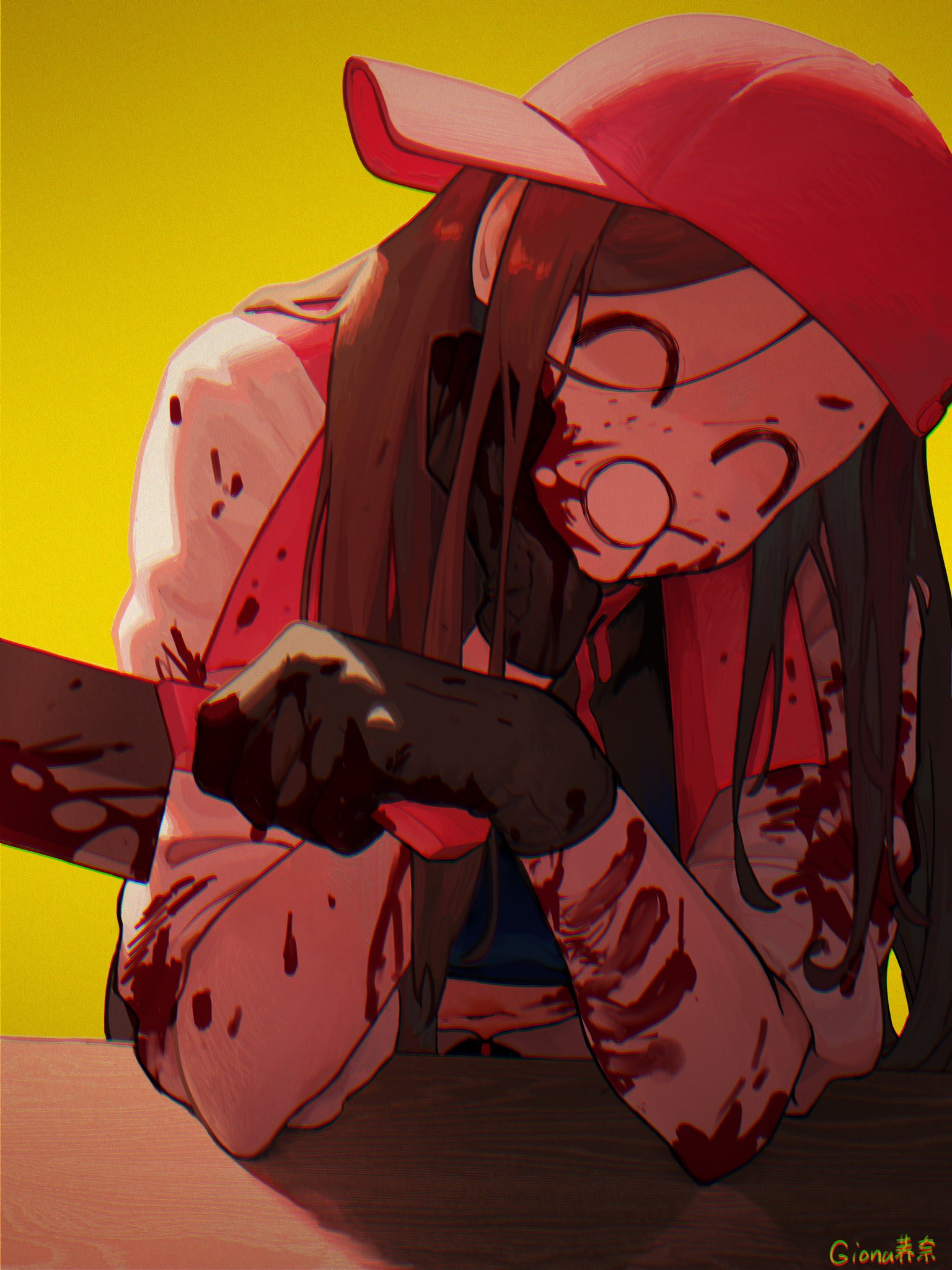 1girl ^_^ ^q^ artist_name backwards_hat baseball_cap black_eyes black_gloves black_hair black_shirt blood blood_on_clothes blood_on_face bloody_weapon butcher_vanity_(synthesizer_v) cleaver closed_eyes crop_top drooling gionaqiaonai gloves hand_on_own_cheek hand_on_own_face hat highres holding holding_cleaver jacket long_hair looking_at_viewer mole mole_above_eye navel navel_peek open_mouth red_hat red_pupils shirt signature simple_background synthesizer_v table vignetting weapon white_jacket yellow_background yi_xi_(synthesizer_v)