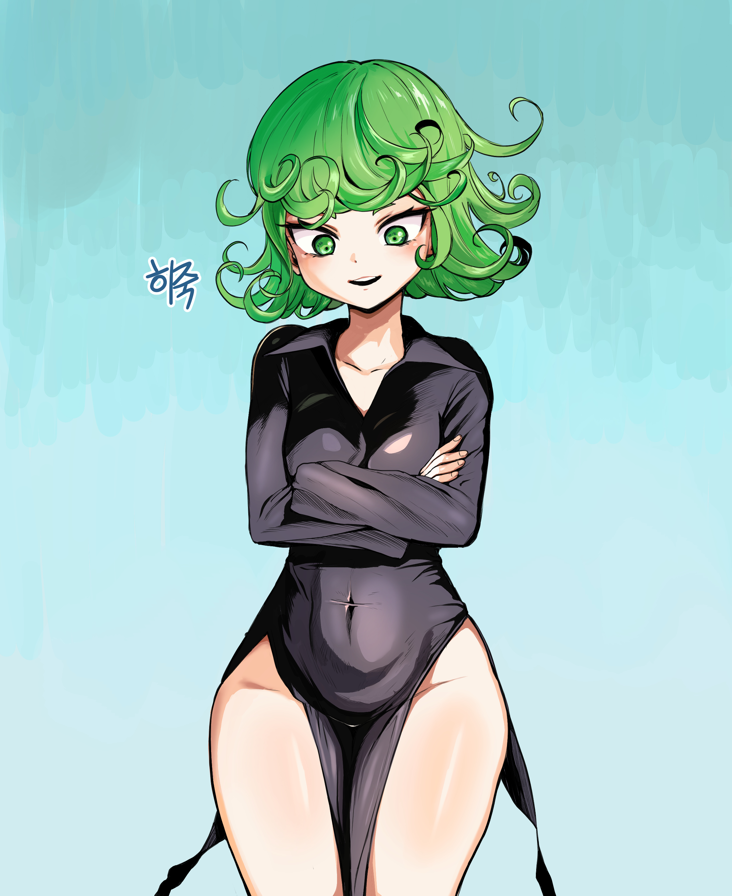 1girl bare_hips bare_legs black_dress blue_background breasts collarbone covered_navel crossed_arms curly_hair dot_nose dress eyebrows eyelashes feet_out_of_frame female_focus fingernails green_eyes green_hair legs_together long_sleeves looking_at_viewer matching_hair/eyes medium_hair one-punch_man open_mouth pelvic_curtain petite simple_background small_breasts smile solo standing tatsumaki teeth upper_teeth_only wide_hips yoma_(mayo)