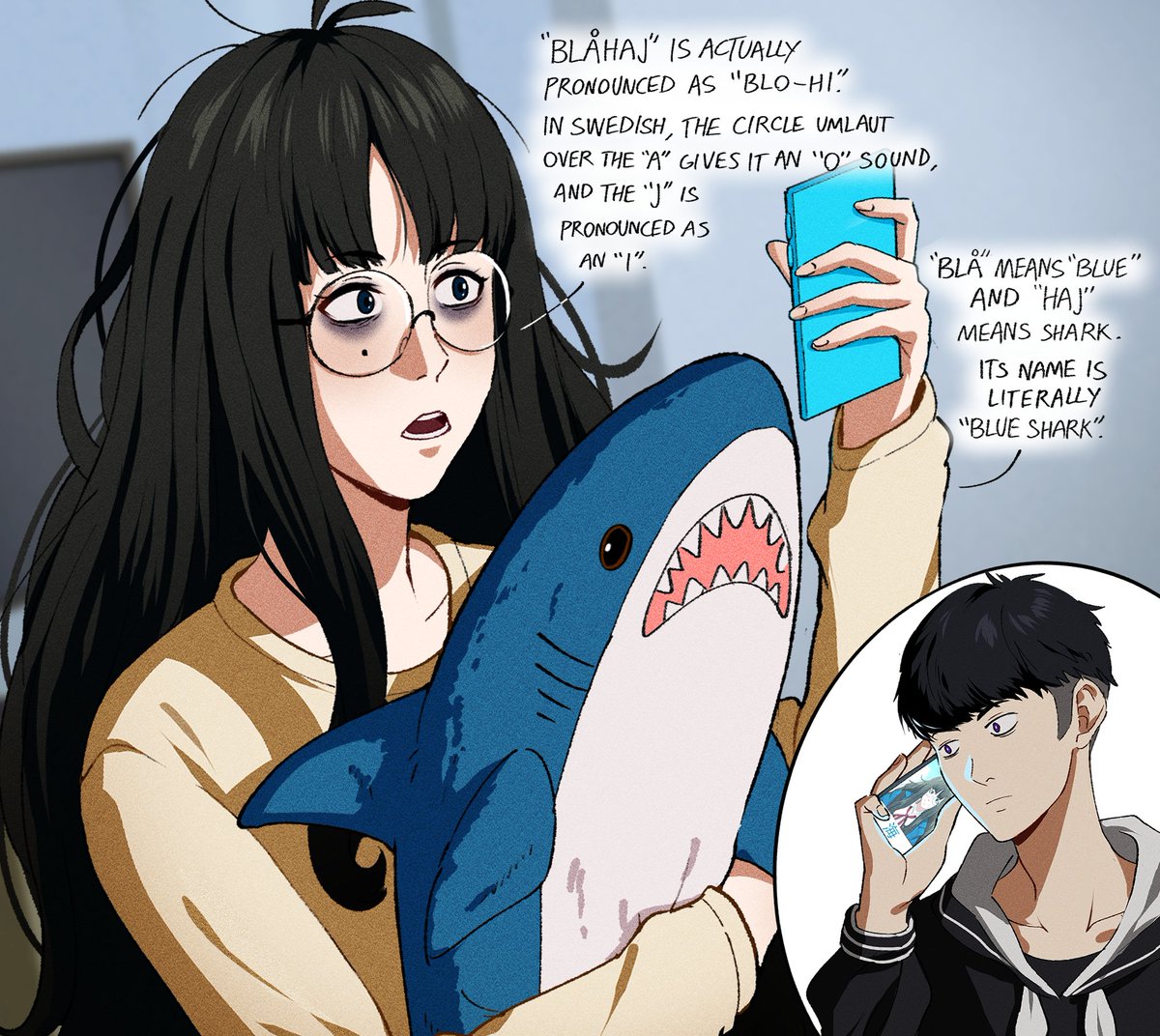 1boy 1girl arashi_(francisco_mon) bags_under_eyes black_hair cellphone english_text francisco_mon glasses holding holding_phone holding_stuffed_toy ikea_shark jimiko long_hair messy_hair mole mole_under_eye open_mouth original phone round_eyewear short_hair smartphone stuffed_animal stuffed_shark stuffed_toy swedish_text talking_on_phone umi_(francisco_mon)