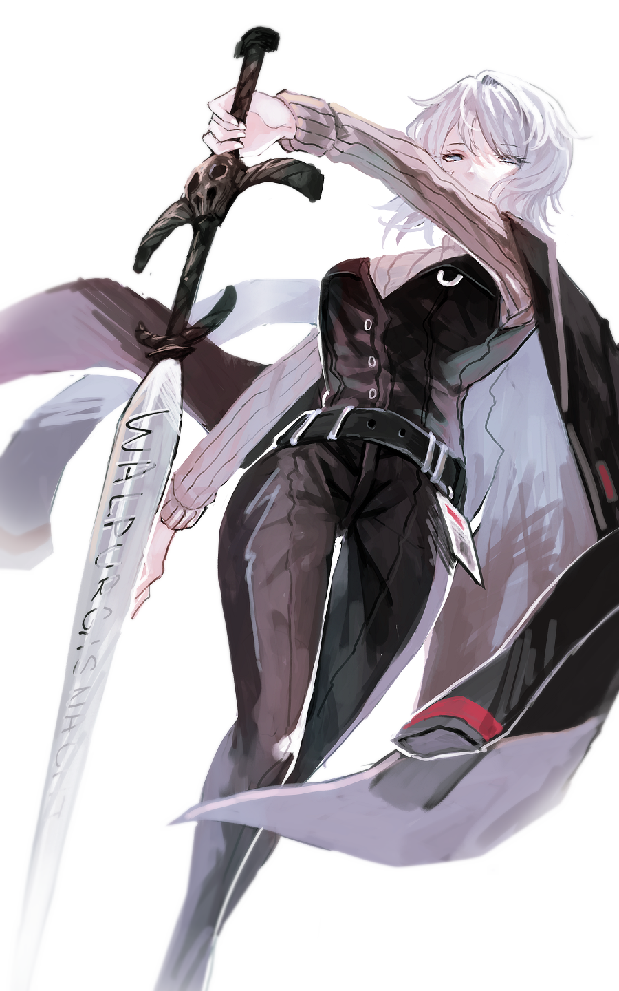 1girl belt black_belt black_jacket black_pants black_vest blue_eyes brown_sweater commentary_request dutch_angle empty_eyes faust_(project_moon) feet_out_of_frame highres holding holding_sword holding_weapon id_card jacket jacket_on_shoulders lapels limbus_company long_sleeves pants project_moon ribbed_sweater short_hair simple_background solo starhoshi sweater sword sword_writing vest walking weapon white_background white_hair zweihander