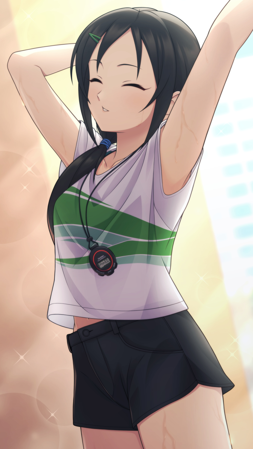 1girl aoki_kei arm_behind_head arm_up armpits black_hair black_shorts breasts closed_eyes collarbone cowboy_shot dot_nose hair_ornament hairpin highres idolmaster idolmaster_cinderella_girls idolmaster_cinderella_girls_starlight_stage light_blush parted_bangs parted_lips shorts sidelocks sleeveless small_breasts solo sparkle standing stopwatch stretching sweat taba_neruko trainer_(idolmaster) watch