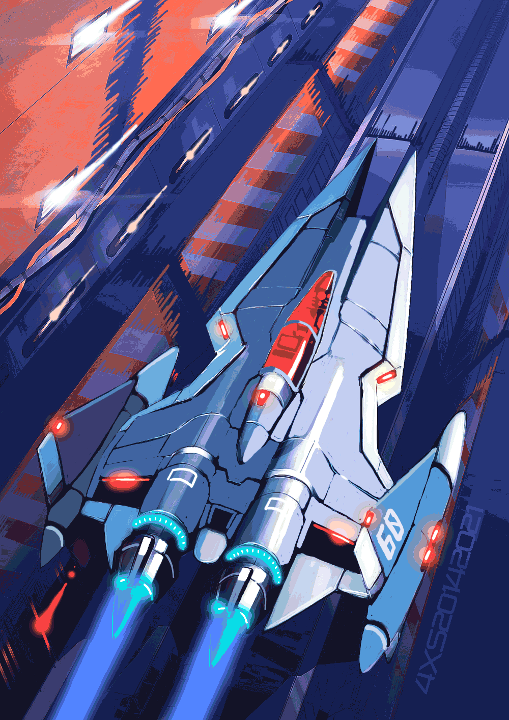 4xs_master_race artist_name canopy_(aircraft) from_above glowing gradius highres konami no_humans salamander_(game) science_fiction spacecraft starfighter thrusters vehicle_focus vic_viper