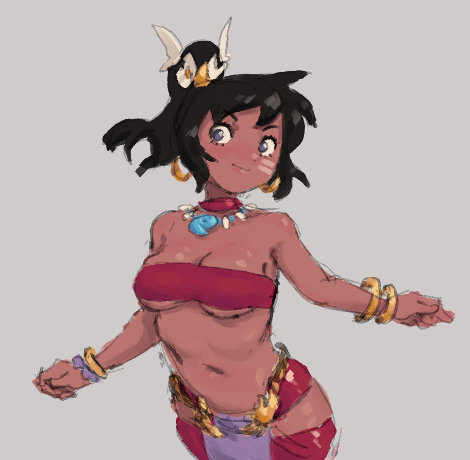 1girl bandeau black_hair blush breasts cleavage dark-skinned_female dark_skin etrian_odyssey grey_eyes jewelry medium_breasts navel ponytail shilleka smile solo tribal underboob