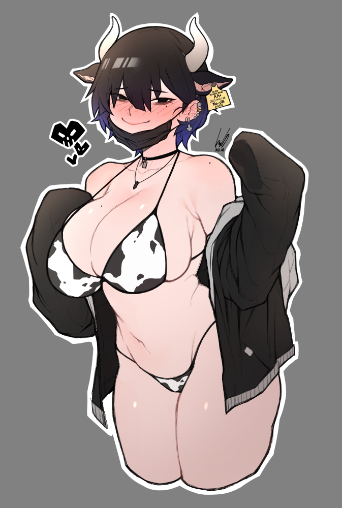 1girl animal_ears animal_print bikini blush breasts choker cow_ears cow_print cow_print_bikini cropped_legs ear_blush ear_piercing ear_tag eugene_(ginseng) ginseng_(xin) grey_background horns jacket large_breasts mask mask_pull mole mole_on_breast mole_on_shoulder mole_under_eye mouth_mask navel original outline piercing print_bikini simple_background skindentation smile solo swimsuit tag white_outline
