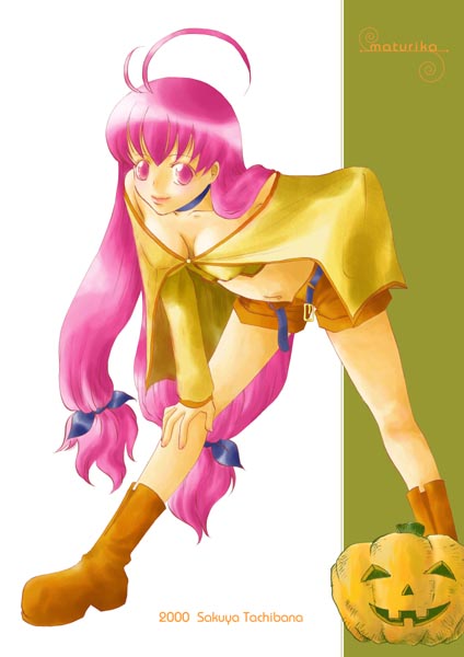 1girl 2000 antenna_hair artist_name bad_id belt blue_belt blue_bow boots bow breasts brown_boots brown_shirt brown_shorts closed_mouth crop_top full_body hair_bow hand_on_own_knee jack-o&#039;-lantern leaning_forward long_hair long_sleeves magical_antique medium_breasts navel open_belt pink_hair shirt shorts smile solo sphie tachibana_sakuya_(matsurika)