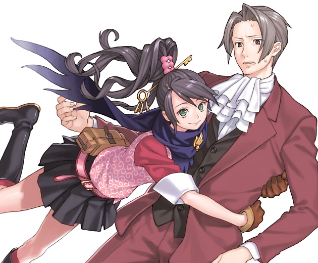 1boy 1girl ace_attorney ace_attorney_investigations annoyed ascot belt black_hair blue_scarf boots buttons closed_mouth curtained_hair formal_clothes gloves green_eyes grey_hair hair_ornament high_ponytail hug ito_fumi jacket karakusa_(pattern) kay_faraday key key_hair_ornament long_hair long_sleeves miles_edgeworth miniskirt open_mouth pants parted_bangs pleated_skirt ponytail red_jacket red_suit scarf shirt short_hair simple_background skirt smile suit sweatdrop vest white_ascot white_background