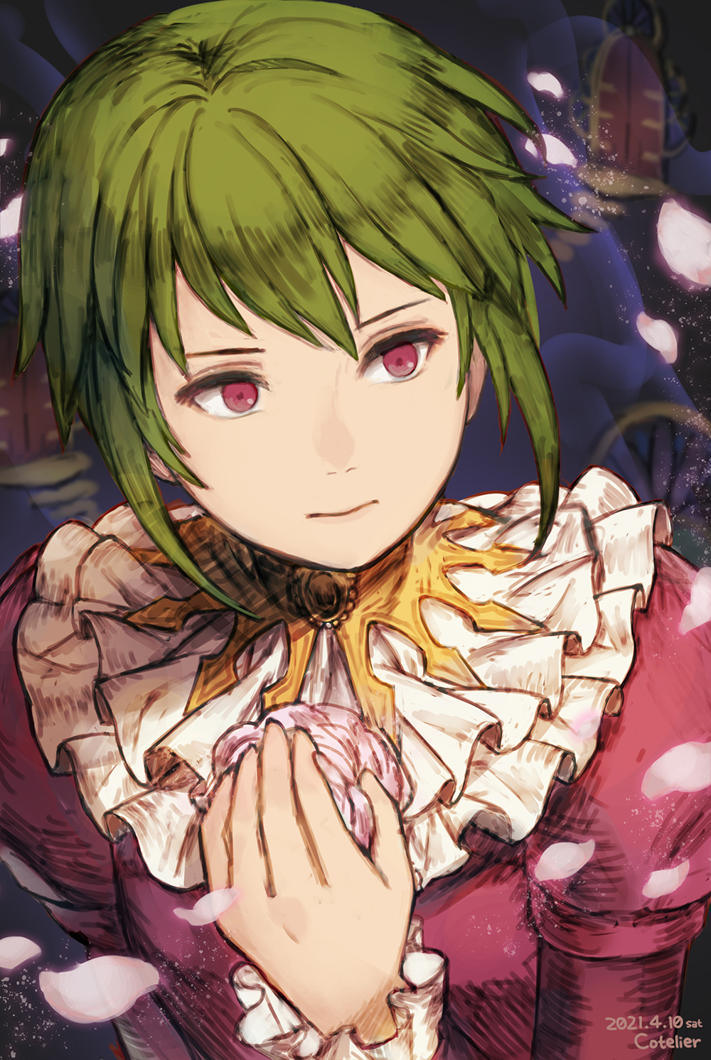 1girl asellus_(saga_frontier) closed_mouth cotelier dated door dress flower green_hair highres red_eyes rose saga saga_frontier short_hair solo
