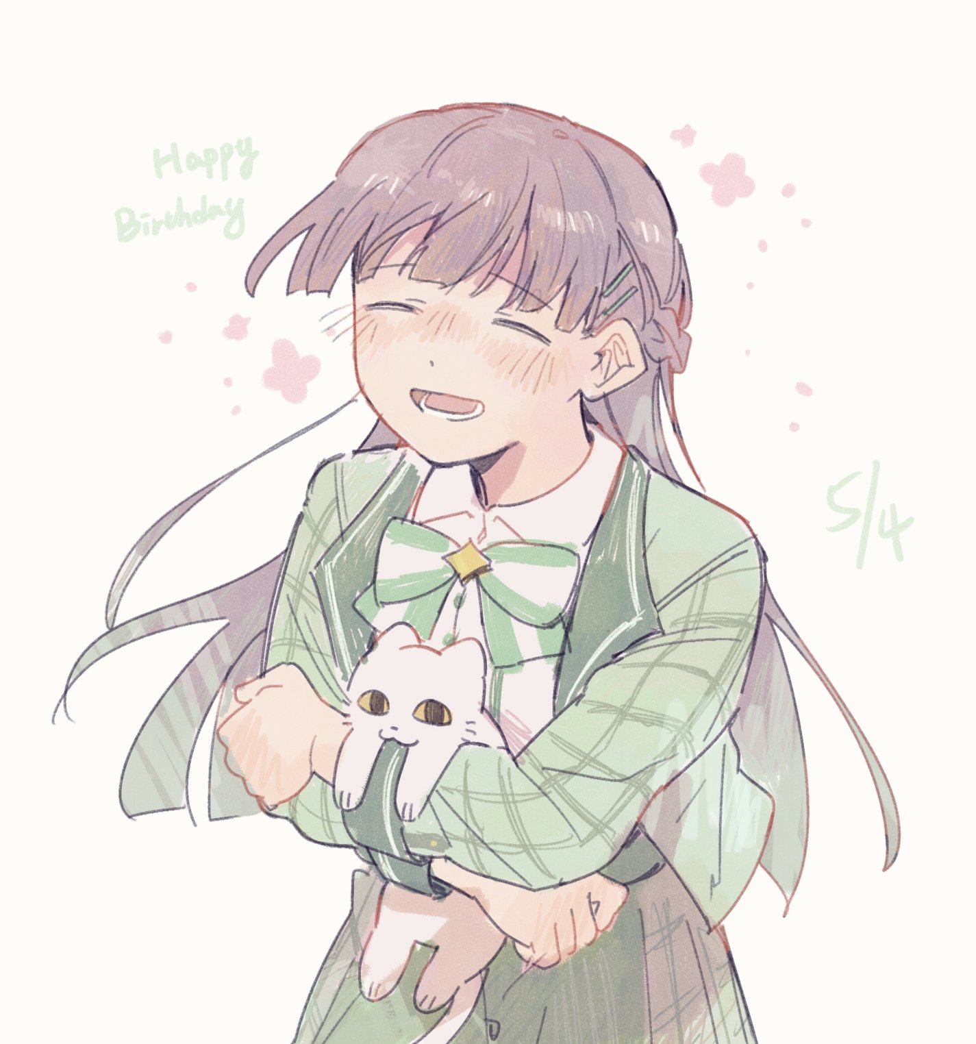 1girl :d animal animal_hug birthday blunt_ends blush bow bowtie braid brooch cat clenched_hand closed_mouth collared_shirt commentary cowboy_shot dot_nose facing_ahead flower_symbol gradient_hair green_bow green_bowtie green_hair green_jacket hair_ornament hairclip half_up_braid happy_birthday highres holding holding_animal jacket jewelry long_hair long_sleeves lower_teeth_only multicolored_hair nose_blush open_clothes open_jacket open_mouth plaid_clothes plaid_sleeves purple_hair rei931218 shirt shoujo_kageki_revue_starlight simple_background smile solo star_(symbol) star_brooch striped_bow striped_bowtie striped_clothes symbol-only_commentary teeth three_quarter_view tsuyuzaki_mahiru white_background white_bow white_bowtie white_cat white_shirt