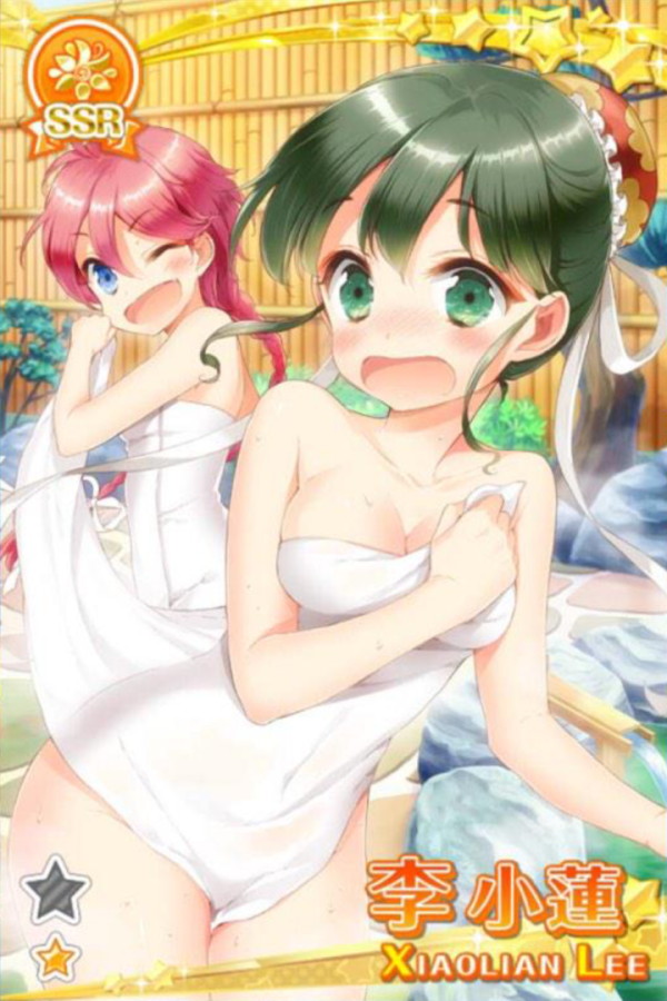 2girls :o ;d bamboo_fence blue_eyes blush blush_stickers braid braided_ponytail breasts bun_cover bush character_name cleavage dot_nose fang fence game_cg green_eyes green_hair grimoire_~shiritsu_grimoire_mahou_gakuen~ hair_bun hand_on_own_chest lee_xiaolian long_hair medium_breasts multiple_girls naked_towel official_art one_eye_closed onsen open_mouth qiao_mingling red_hair ribbon sidelocks single_hair_bun smile stone_walkway surprised third-party_source towel towel_pull towel_theft tree white_ribbon