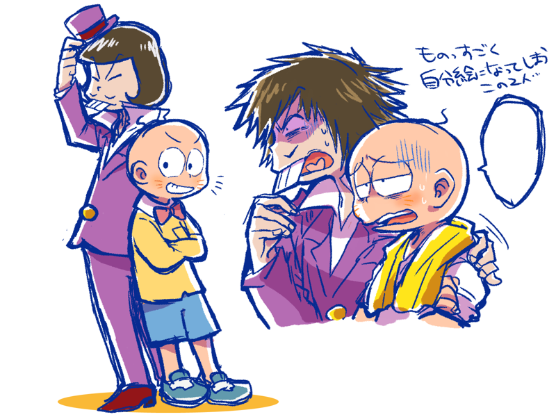 2boys bald blue_footwear blush bob_cut bow bowtie brown_hair buck_teeth chibita crossed_arms expressive_hair facial_mark formal_clothes full_body grin hat iyami male_focus multiple_boys multiple_views osomatsu-kun osomatsu-san osomatsu_(series) purple_suit red_bow red_bowtie red_footwear shaded_face shirt shorts smile suit teeth top_hat towel towel_around_neck tsubuta_hiro whisker_markings white_shirt yellow_shirt