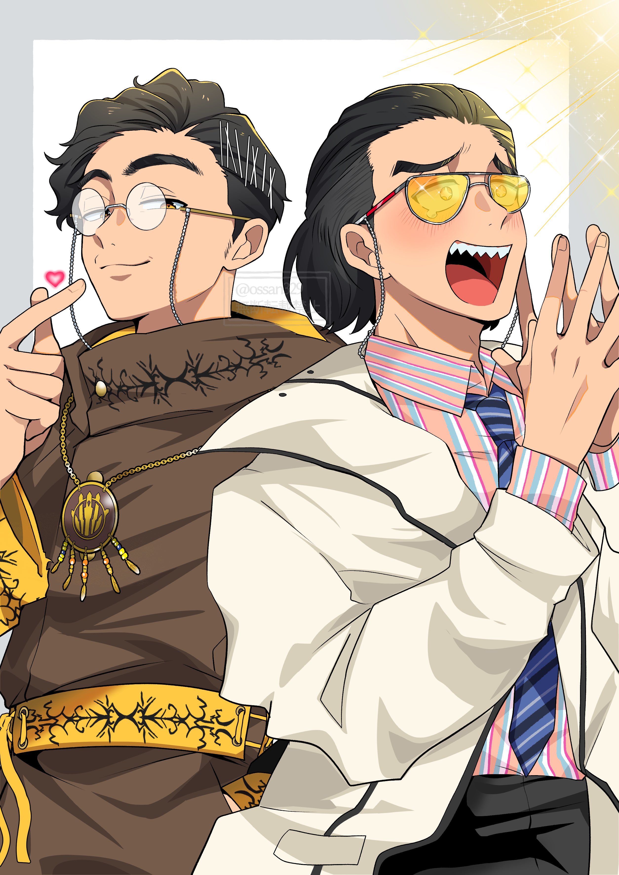 2025 20s 2boys absurdres adk-em bakugami_ryuugi bakugami_ryuugi_(cosplay) bandai bandai_namco black_hair black_pants border brown_cloak cloak coat company_connection cosplay costume_switch cowboy_shot george_karizaki george_karizaki_(cosplay) glasses grey_border hair_slicked_back heart highres ishimori_prod jewelry kamen_rider kamen_rider_revice male_focus mikkii_(tales329) multiple_boys no.1_sentai_gozyuger open_mouth pants pendant pink_shirt round_eyewear sharp_teeth shirt short_hair simple_background sunglasses super_sentai teeth tinted_eyewear toei_company tokusatsu tv_asahi white_background white_coat yellow-tinted_eyewear