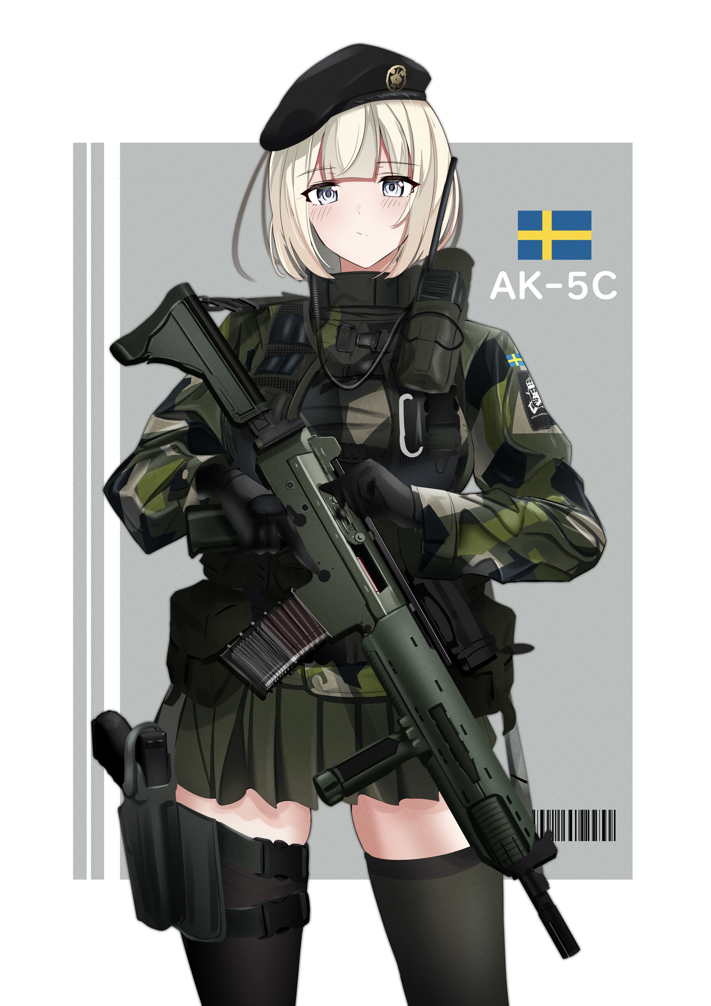 1girl absurdres ak_5 assault_rifle beret black_gloves black_hat black_thighhighs blonde_hair blush camouflage camouflage_jacket closed_mouth feet_out_of_frame fn_fnc gloves green_skirt grey_eyes gun handgun hat highres holding holding_gun holding_weapon holster holstered jacket looking_at_viewer military military_hat military_uniform original pleated_skirt radio revision rifle rynn_(rynn_cube) short_hair skirt solo standing sweden swedish_flag thighhighs trigger_discipline vertical_forward_grip walkie-talkie weapon white_background