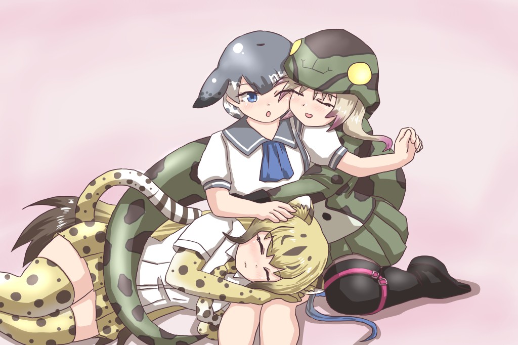 3girls :3 african_rock_python_(kemono_friends) animal_print black_footwear black_gloves blonde_hair blowhole blue_eyes blue_hair blue_neckerchief blush boots brown_hair cheetah_(kemono_friends) cheetah_girl closed_eyes collared_shirt dolphin_girl elbow_gloves fins gloves green_skirt grey_hair head_fins hood hood_up hoodie hug kemono_friends lap_pillow leopard_print long_sleeves mukouyama_mu multicolored_hair multiple_girls narwhal_(kemono_friends) neckerchief necktie one_eye_closed pleated_skirt print_gloves print_hoodie print_necktie print_skirt print_thighhighs puffy_short_sleeves puffy_sleeves purple_hair sailor_collar shirt short_hair_with_long_locks short_sleeves sitting skirt sleeping snake_girl snake_print snake_tail t-shirt tail thigh_boots thighhighs white_hair white_shirt zettai_ryouiki
