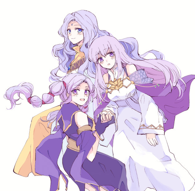 3girls :o blue_eyes circlet dress fire_emblem fire_emblem:_genealogy_of_the_holy_war fire_emblem:_thracia_776 gold_trim julia_(fire_emblem) kitano_373 long_hair multi-tied_hair multiple_girls nintendo open_mouth purple_dress purple_eyes purple_hair sara_(fire_emblem) simple_background smile tine_(fire_emblem) white_background white_dress