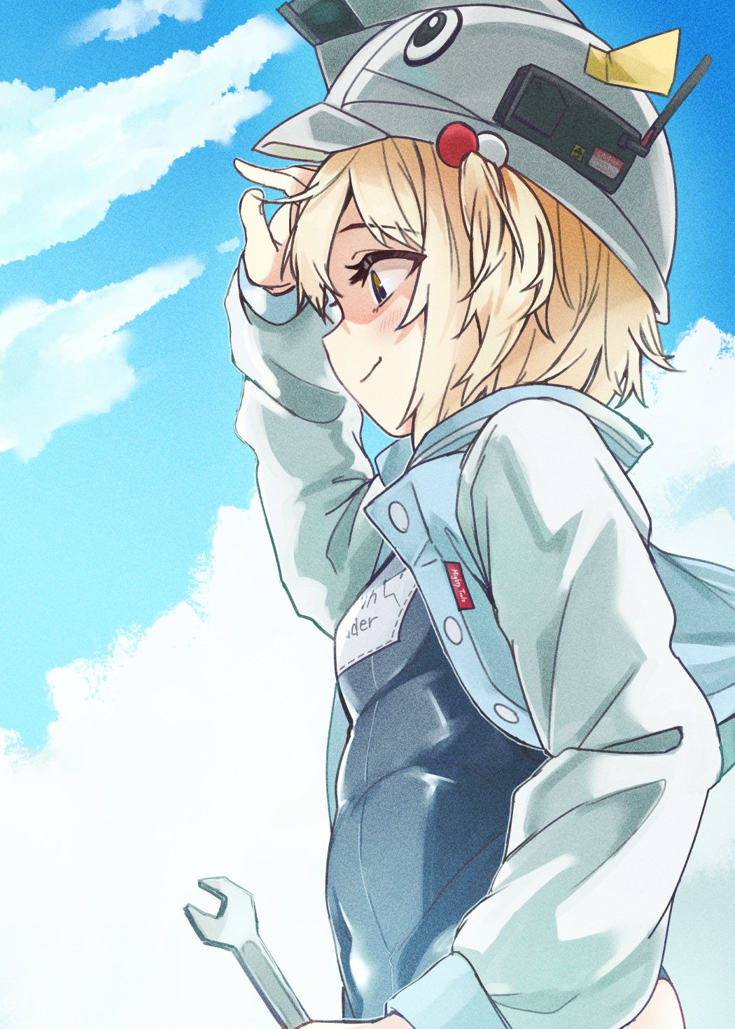 1girl blonde_hair blue_one-piece_swimsuit breasts closed_mouth day from_side goddess_of_victory:_nikke hand_on_headwear hard_hat helmet highres jacket light_blue_jacket liter_(guardfish)_(nikke) liter_(nikke) ninchan one-piece_swimsuit open_clothes open_jacket short_hair sky small_breasts smile solo swimsuit wrench yellow_eyes