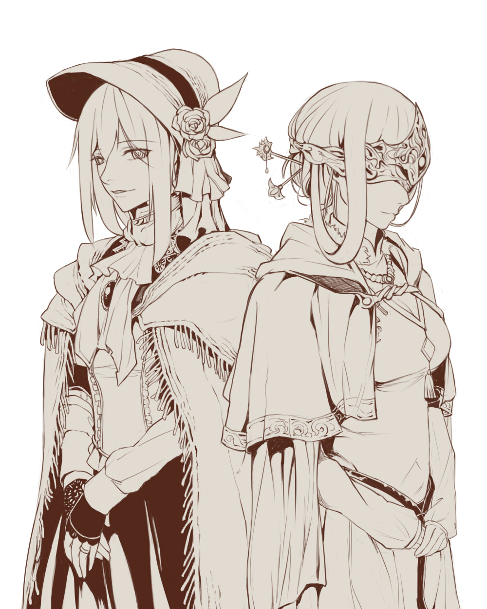 2girls blindfold bloodborne bonnet cloak cosplay covered_eyes dark_souls_(series) dark_souls_i dark_souls_iii dress fingerless_gloves fire_keeper fire_keeper_(cosplay) flower gloves greyscale hair_ornament hair_stick highres jewelry lexington_(warship_girls_r) long_hair looking_at_viewer mask monochrome multiple_girls own_hands_together plain_doll plain_doll_(cosplay) ring rose warship_girls_r wedding_band xiao_shei.. yat_sen_(warship_girls_r)