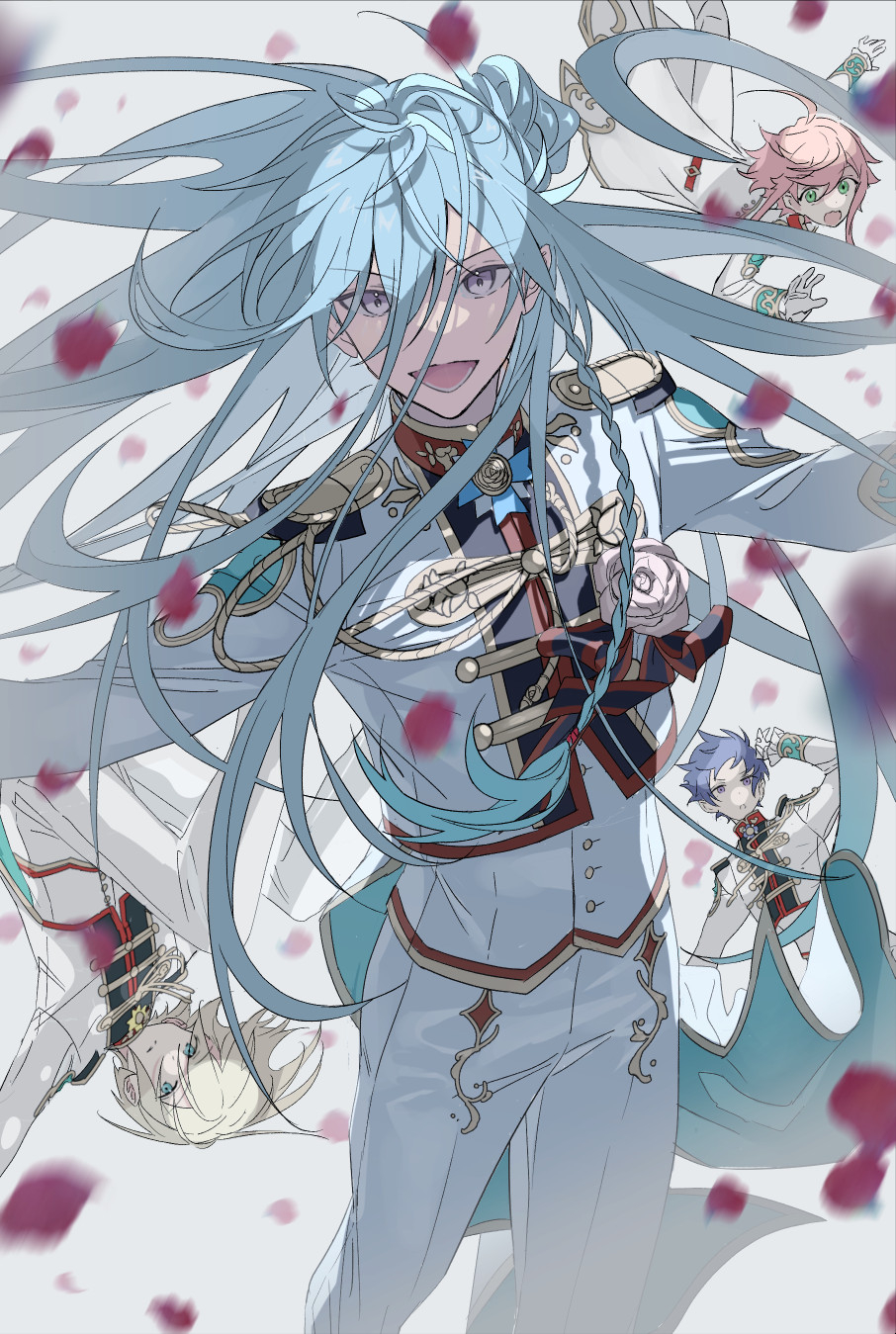 4boys ahoge aqua_hair arm_up black_shirt blonde_hair blue_eyes blue_hair blurry blurry_foreground braid cape ensemble_stars! falling frilled_sleeves frills fushimi_yuzuru green_eyes grey_background grey_eyes hair_between_eyes hair_bun hand_in_own_hair hibiki_wataru highres himemiya_tori jacket long_hair long_sleeves medium_hair multiple_boys official_alternate_costume open_mouth pants petals pink_hair purple_eyes red_petals rice_(rice8p) shirt short_hair single_braid single_side_bun tenshouin_eichi very_long_hair vest white_cape white_jacket white_pants white_vest