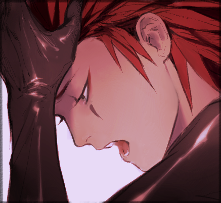1boy axel_(kingdom_hearts) black_coat_(kingdom_hearts) black_gloves eyeliner facial_mark gloves grey_background half-closed_eyes kingdom_hearts looking_down lowres makeup male_focus marking_on_cheek nonalternate open_mouth red_eyeliner red_hair solo teeth upper_body