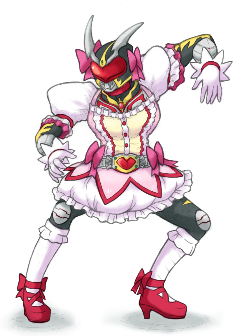 1boy cosplay crossdressing crossdressing_(mtf) ebifly_(dokudoku) full_body kamen_rider kamen_rider_blade_(series) kamen_rider_chalice kaname_madoka kaname_madoka_(cosplay) kaname_madoka_(magical_girl) kneehighs mahou_shoujo_madoka_magica mahou_shoujo_madoka_magica_(anime) male_focus ribbon socks solo white_background